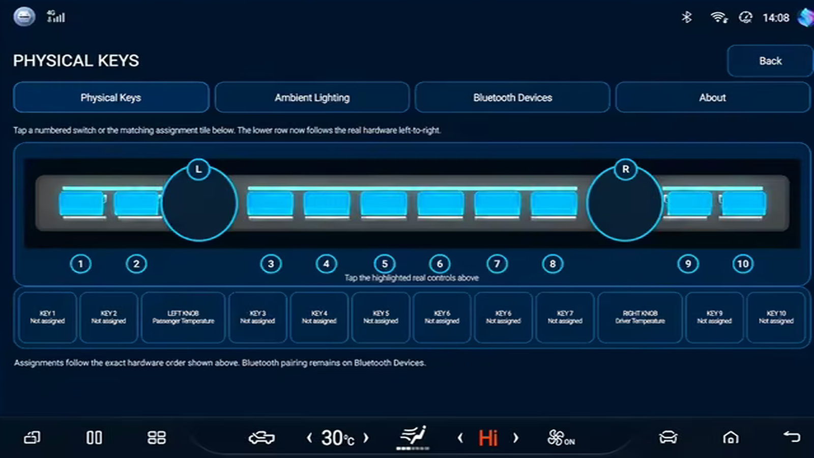 Shark Control physical-key mapping screen on the BYD Shark head unit