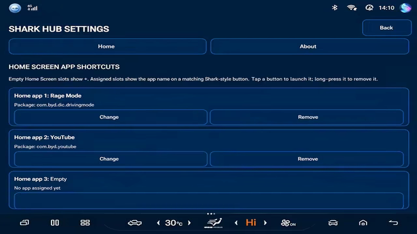 Shark Hub configurable app shortcuts on the BYD Shark head unit